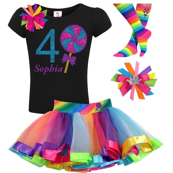 4th Birthday Lollipop Shirt Candy Sweet Shop Rainbow Tutu Outfit Kids Candyland Carnival Birthday Party Striped Socks Personalized Name 4