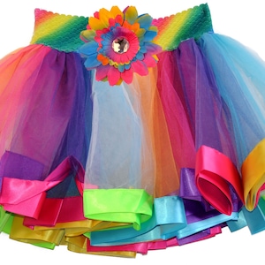 May include: A rainbow tulle skirt with a colourful flower accent and multiple layers of satin ribbon trim.