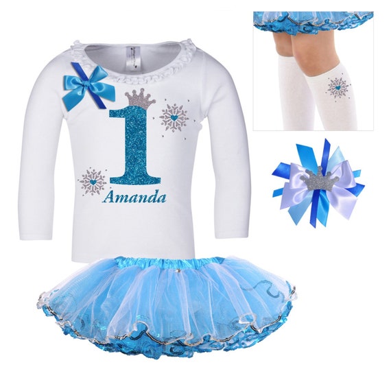 1st Birthday Snowflake Outfit Winter Wonderland Snowflake Tutu Princess Hair bow Blue White Frozen Icicles Glitter Socks Custom Name Il_570xn