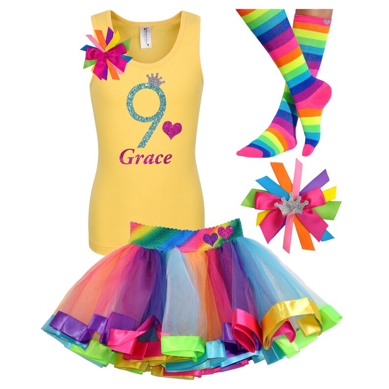 Rainbow Birthday Outfit 9th Birthday Shirt Girls Party Hair Bow Rainbow Tutu Neon Knee High Socks Personalized Name Age 9 Glitter Glow Party image 7
