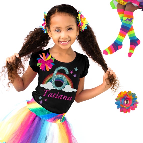 6th Birthday Over Rainbow Clouds Shirt Unicorn Outfit Girls Magical Tutu Skirt Unicorn Knee High Socks Flower Hair Clip Personalized Name 6 Il_570xn