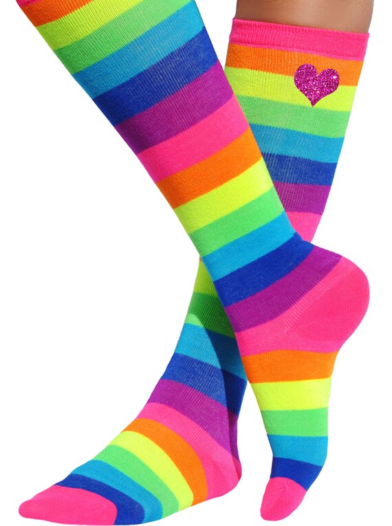 Pink Rainbow Knee High Boot Socks Leg Warmers Fun Party Socks Roller Derby Socks Trendy Socks Birthday Gift Socks Glow Party Funky Socks Il_570xn