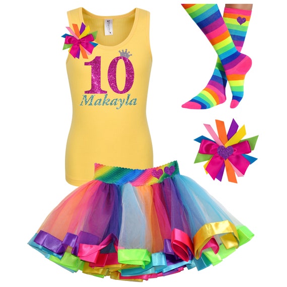 Birthday Girl 10th Birthday Shirt Tween Birthday Rainbow Tutu Rainbow Hair Bow Rainbow Knee High Socks Personalized 10 Yellow Tank Top Ten Il_570xn