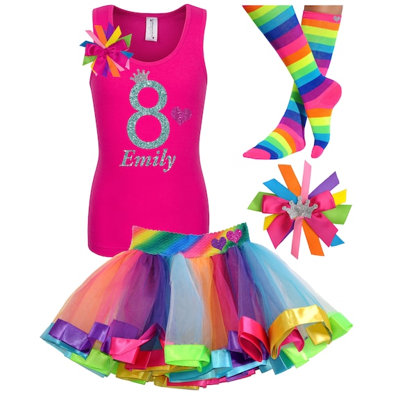 Rainbow 8th Birthday Outfit Rainbow Socks Rainbow Hair Bow Hot Pink Shirt SK8 Birthday Girl Shirt Glow Party Personalized Name Shirt 8 Il_570xn
