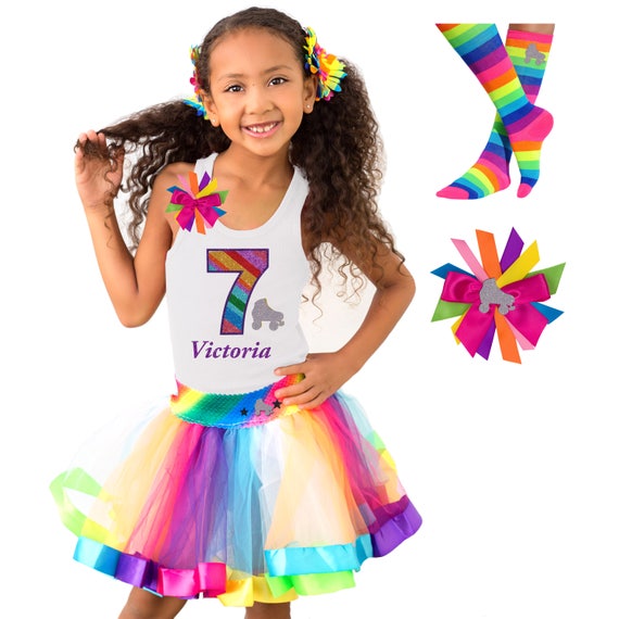 Roller Skate Shirt 7th Birthday Outfit Rainbow Tutu Roller Derby Boot Socks Girls Skating Glow Party Personalized Gift | Bubblegum Divas Il_570xn