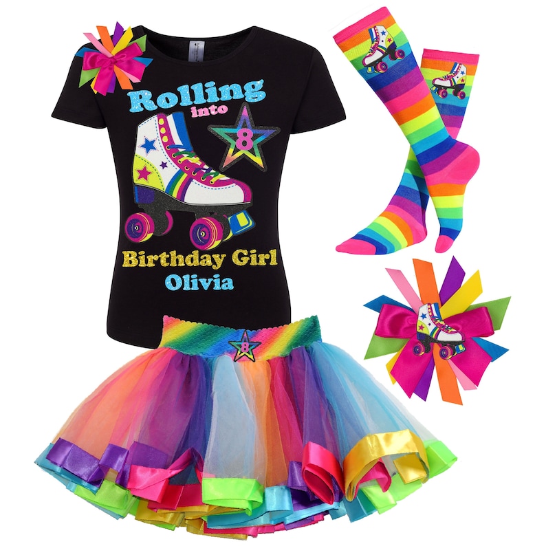 Roller Skate Party 8th Birthday Shirt Girls Rainbow Tutu Roller Derby Outfit Stripe Socks Glow Skating T-Shirt Personalize Gift Lucky Star Everything Included