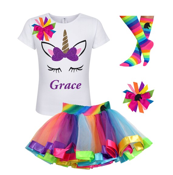Unicorn Shirt Gold Horn Fairytale Birthday Rainbow Tutu Skirt Unicorn Hair Bow Socks Custom Name Gift Set | Bubblegum Divas Il_570xn