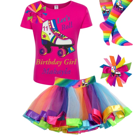Roller Skate Party 11th Birthday Shirt Tween Girls Rainbow Tutu Roller Derby Boot Socks Glow Skating Personalized Gift | Bubblegum Divas Il_570xn
