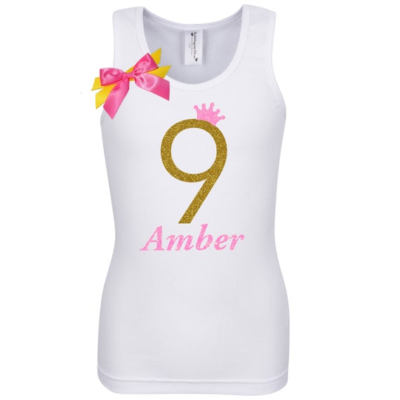 9th Birthday Shirt Princess Crown Tank Top T-shirt Personalized Name Age 9 Glitter Glow Party Rainbow Nine Tween Girl Party Kids Neon Shirt Il_570xn