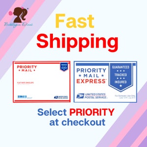 May include: Two Priority Mail envelopes with the United States Postal Service logo. The envelope on the left is a flat rate envelope. The envelope on the right is Priority Mail Express with the text "Guaranteed, Tracked, Insured". The text "Select Priority at checkout" is below the envelopes.