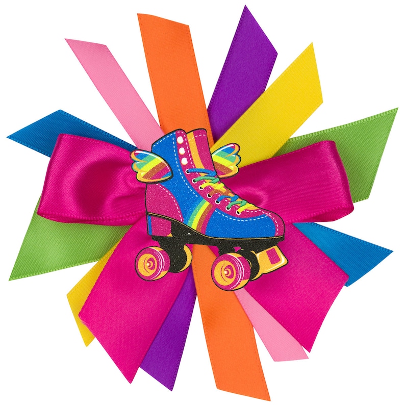 May include: A pink satin bow with a rainbow roller skate design in the centre. The bow is made of multiple colourful ribbons, including pink, orange, yellow, green, blue, and purple.