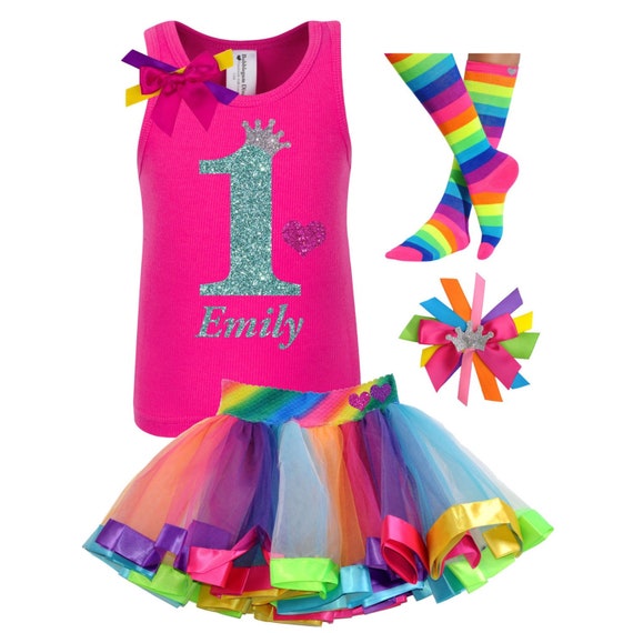 1st Birthday Shirt Pink Rainbow Tutu Rainbow Party Birthday Hair Bow Personalized Name Sparkle One Rainbow Socks Sparkle Glitter One Shirt Il_570xn