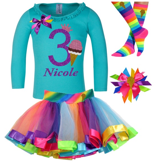 3rd Birthday Outfit Ice Cream Shirt Rainbow Birthday Tutu Strawberry Vanilla Chocolate Ice Cream Cone Long Sleeve Shirt Personalized Name 3 Il_570xn