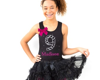 9th Birthday Tops for Girls Shirt Tween 9 years old Birthday Tank Top Black Zebra Number 9 Rhinestones Personalized Name Shirt Girl