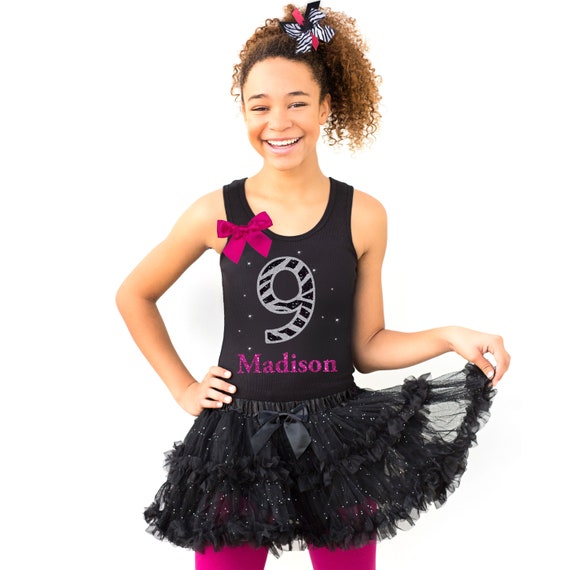 9th Birthday Tops for Girls Shirt Tween 9 years old Birthday Tank Top Black Zebra Number 9 Rhinestones Personalized Name Shirt Girl Il_570xn