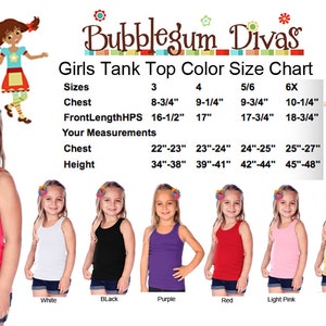 May include: Size chart for girls' tank tops in various colours, including white, black, purple, red, light pink, and yellow. The chart shows chest and height measurements in inches for sizes 3, 4, 5/6, and 6X.