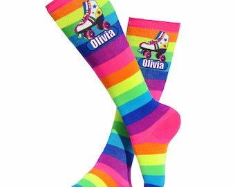 Personalized Socks Custom Leggings Roller Skate Neon Glow Striped Rainbow Knee High Socks Roller Derby Skating Party Gift Stockings Footwear