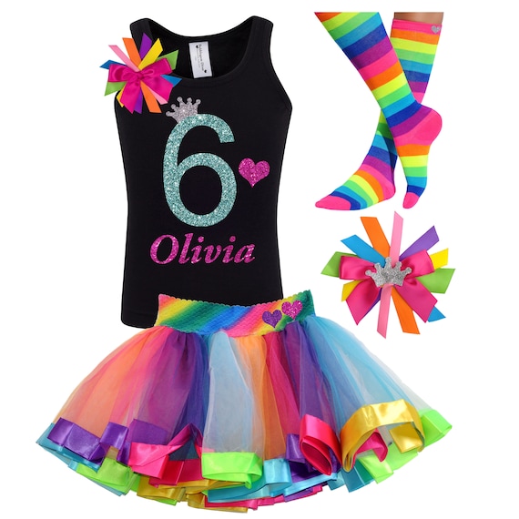 6th Birthday Outfit 6 Year Old Birthday Girl Shirt Rainbow Tutu Dress Six  Birthday T-shirt Sixth Birthday Gift Personalized Custom JD6 