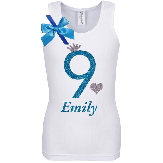 Blue Silver 9th Birthday Tutu Dress Princess Party Crown Hair Bow Birthday Party Personalized Name Shirt Number 9 Nine Shirt 9 year old Il_570xn
