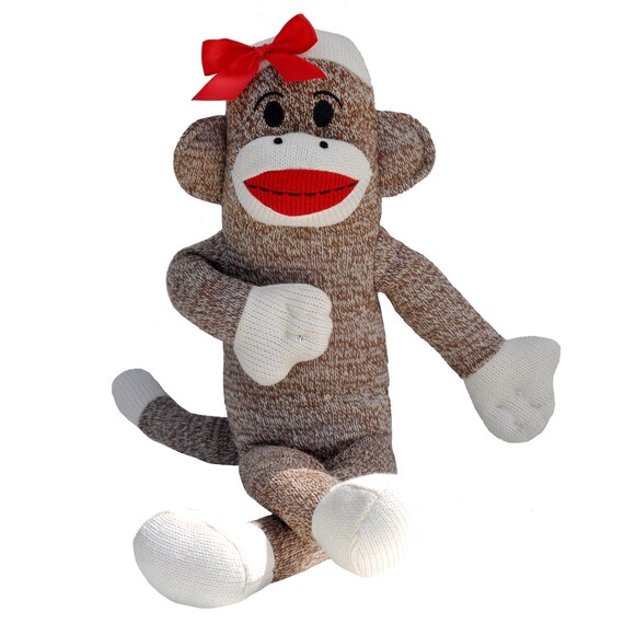 Girly Sock Monkey Doll Soft Monkey Toy Red Hair Bow Brown Stuffed Animal Plush Monkey Snuggly Monkey 20" Zoo Animals Jungle Christmas Gift Il_570xn