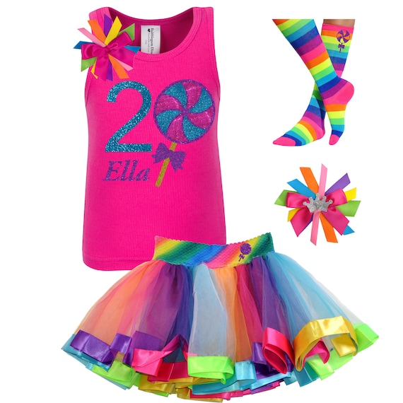 2nd Birthday Lollipop Tank Shirt Candy Sweet Shop Rainbow Tutu Outfit Lollipop Socks Candy land Theme Carnival Birthday Party Custom Name 2 Il_570xn