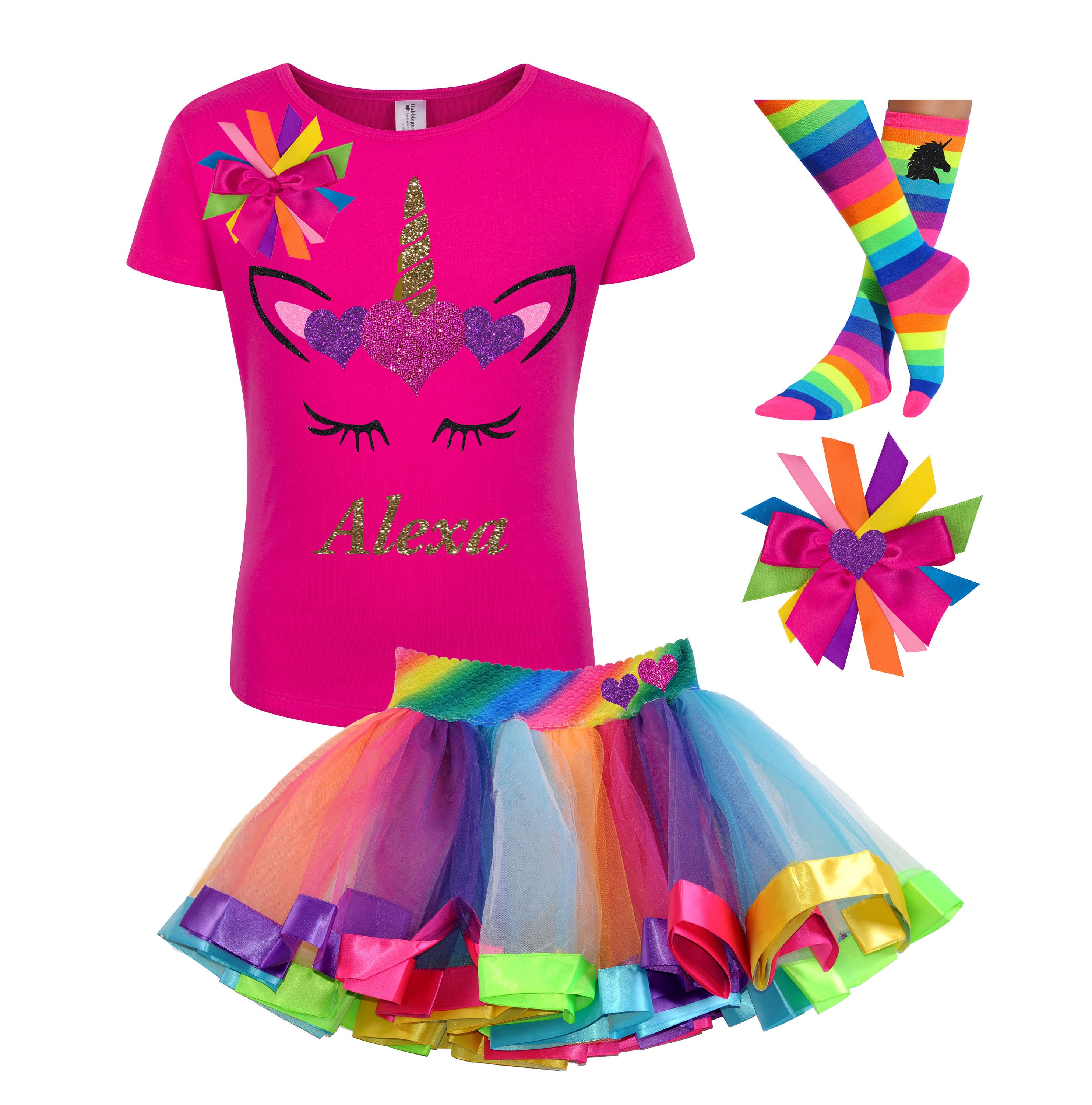 Rainbow Gloves & Socks Set for Little Girls Tshirt Rainbow Layered Tutu Skirt with Unicorn Horn