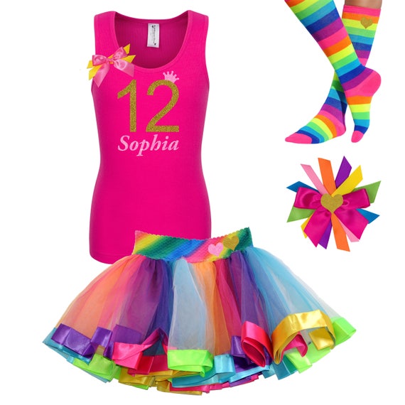 12th Birthday Girl Shirt Pink Gold Rainbow Tutu Stripe Knee High Socks Neon Twelve T-Shirt Name Age 12 Tween Girls Party Outfit Il_570xn