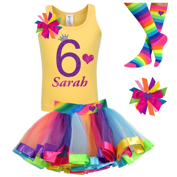 Yellow Rainbow 6th Birthday Shirt Rainbow Tutu Rainbow Dress Rainbow Socks Sixth Birthday Primary Color 6 Birthday Outfit Personalized Name Il_570xn