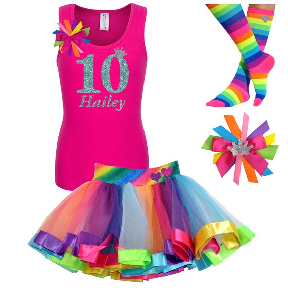 Girls 10th Birthday Shirt Tween Birthday Rainbow Tutu Rainbow Hair Bow Rainbow Knee High Socks Birthday Girl Shirt Custom Name Age 10 Shirt Il_570xn