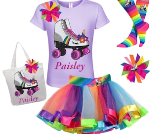 Roller Skates Shirt Unicorn Birthday Girls Rainbow Tutu Skirt Roller Derby Boot Socks Glow Skating Party Personalized Gift | Princess Skater