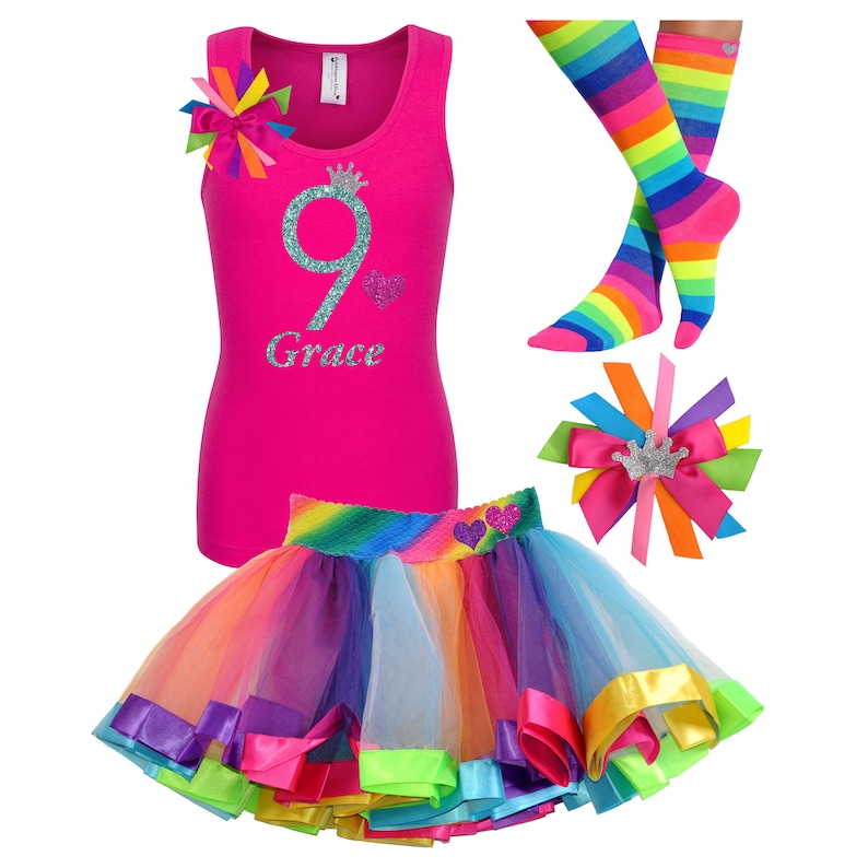 Rainbow Birthday Outfit 9th Birthday Shirt Girls Party Hair Bow Rainbow Tutu Neon Knee High Socks Personalized Name Age 9 Glitter Glow Party image 2