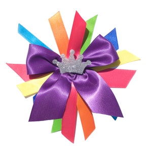 May include: A purple satin bow with a silver crown in the centre. The bow is surrounded by colourful ribbons in shades of red, orange, yellow, green, blue, and purple.