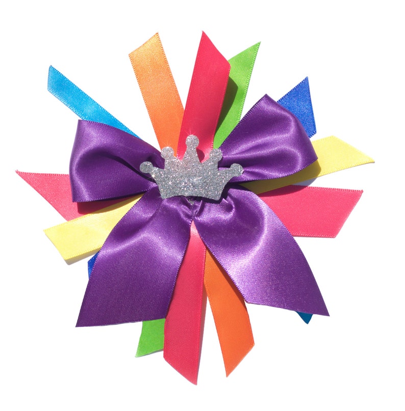 May include: A purple satin bow with a silver crown in the centre. The bow is surrounded by colourful ribbons in shades of red, orange, yellow, green, blue, and purple.