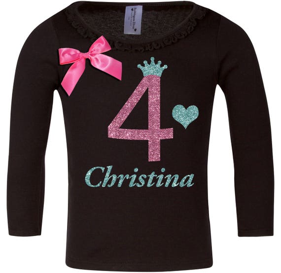 4th Birthday Shirt Black Pink 4 Girl Birthday Princess Crown Hair Bow Girls Party Outfit Black Tutu Skirt Personalized Name Custom Four Il_570xn