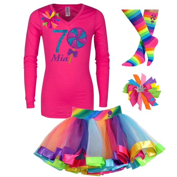 7th Birthday Lollipop Shirt Candy Sweet Shop Rainbow Tutu Outfit Hair Bow Candy land Socks Carnival Birthday Party Custom Name Long Sleeve 7 Il_570xn