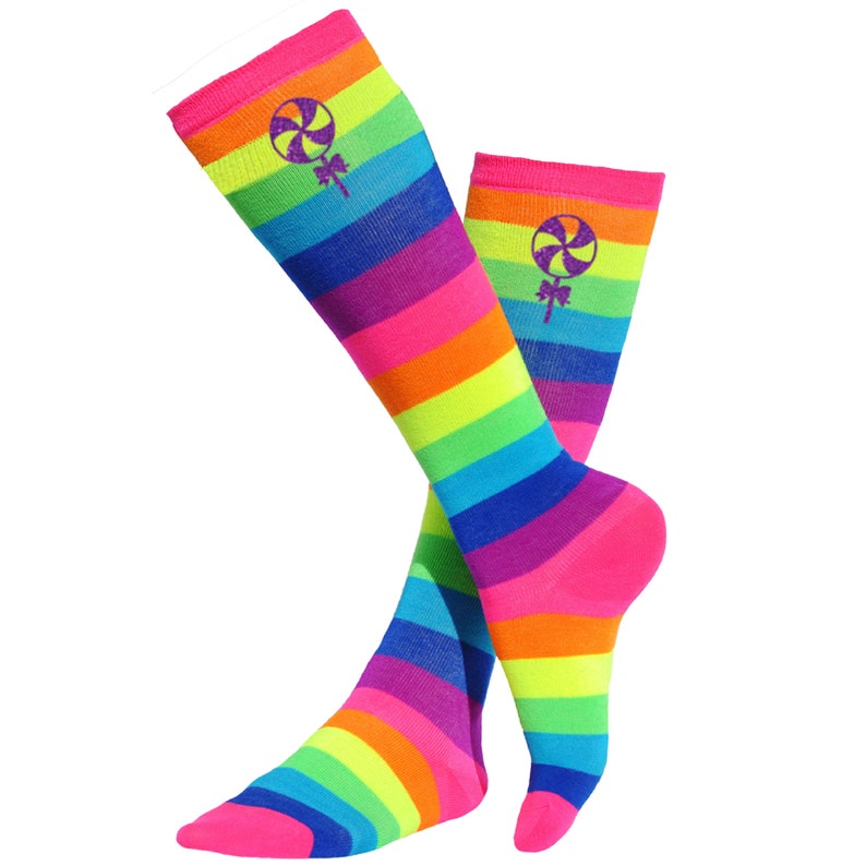 a pair of colorful socks with a symbol on them