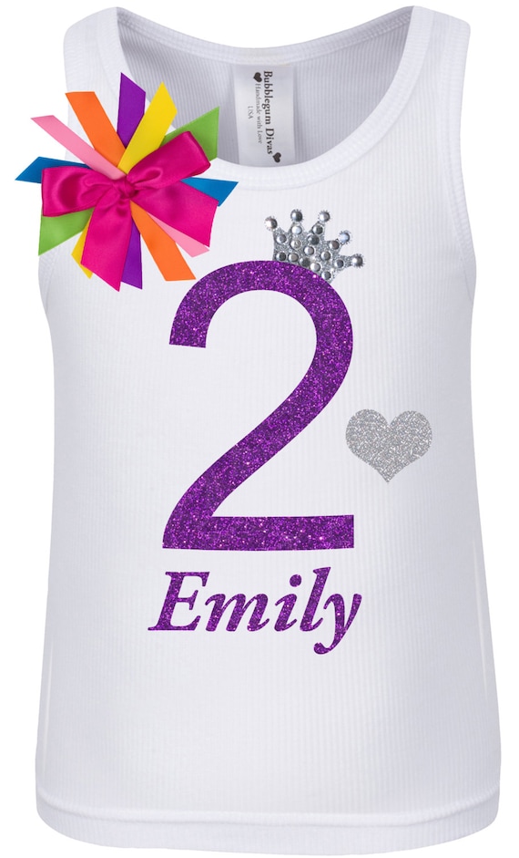 2nd Birthday Purple Rainbow Rhinestone Princess Crown Tank Top Shirt Hair bow Rainbow Party Second Birthday Outfit Personalized Name Shirt Il_570xn