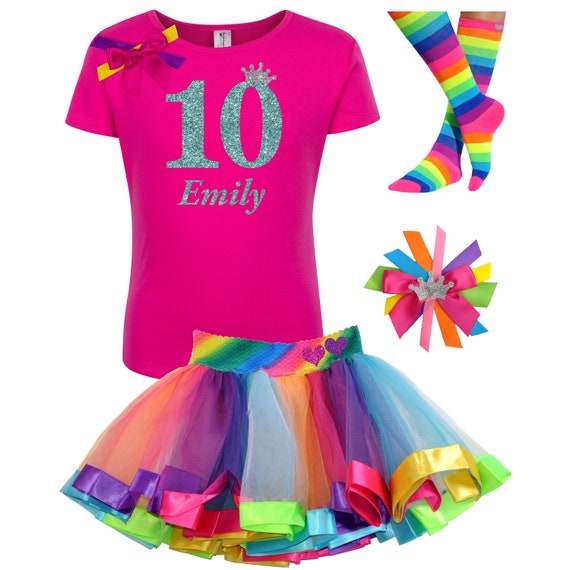 Girls 10th Birthday 10th Birthday Party Rainbow Tutu Rainbow Birthday Hair Bow Rainbow Socks Birthday Girl Shirt 10 Personalized Name Shirt Il_570xn