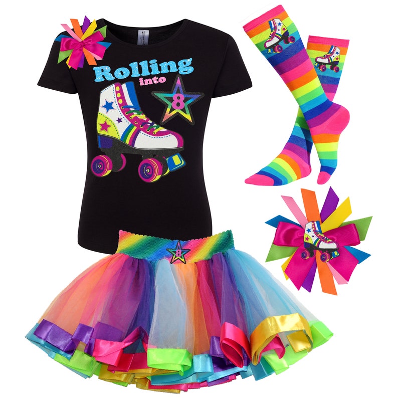 Roller Skate Party 8th Birthday Shirt Girls Rainbow Tutu Roller Derby Outfit Stripe Socks Glow Skating T-Shirt Personalize Gift Lucky Star image 2
