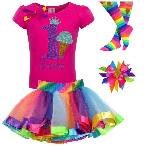 Rainbow 1st Birthday Outfit Ice cream Party Chocolate Ice Cream Hair Bow Ice Cream Cone Shirt Socks Rainbow Tutu Kids Birthday Party Set Il_570xn