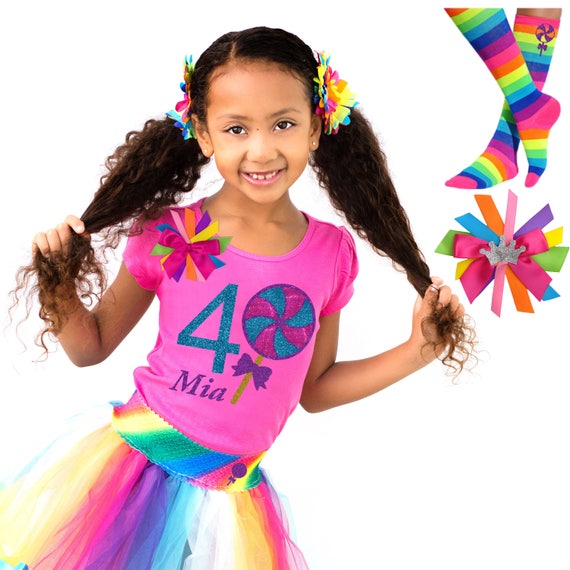4th Birthday Lollipop Pink Shirt Candy Sweet Shop Rainbow Tutu Outfit Hair Bow Candy land Socks Carnival Birthday Party Custom Name Age 4 Il_570xn