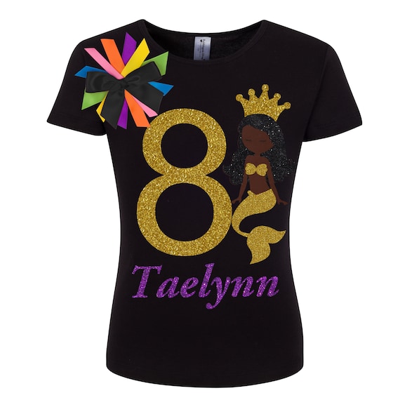 Mermaid 8th Birthday Girl Shirt Black Mermaids Gold Tail Starfish Rainbow Tutu African Queen Black Princess 8 Personalized Name Il_570xn