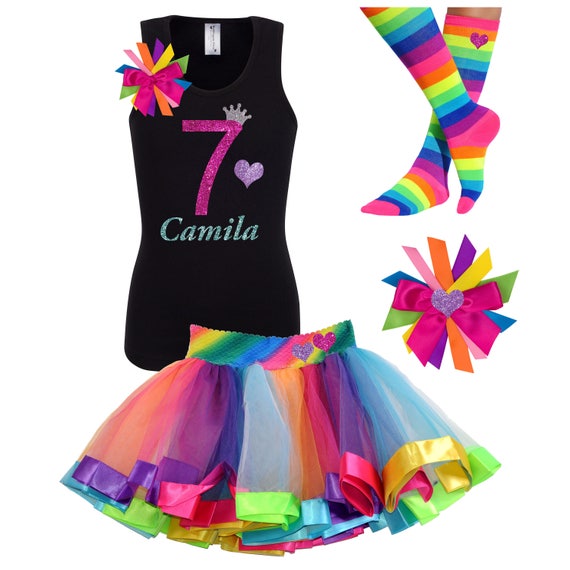 7th Birthday Outfit Girls Birthday Shirt Hot Pink 7 Rainbow Tutu Dress Birthday Girl Shirt Seven Rainbow Socks Birthday Hair Bow Custom Name Il_570xn