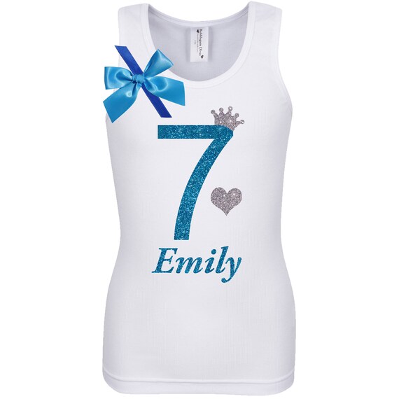 Blue Silver 7th Birthday Tutu Dress Princess Party Crown Hair Bow Birthday Party Personalized Name Shirt Number 7 Seven Shirt 7 year old Il_570xn