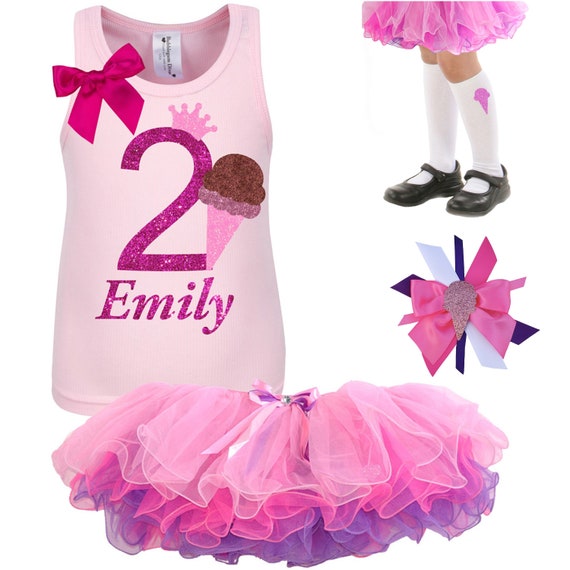 Pink 2nd Birthday Shirt Double Scoop Ice Cream Social Kids Ice Cream Tee Birthday t-Shirt Personalized Name Rainbow Tutu Skirt Hair bow 2 Il_570xn