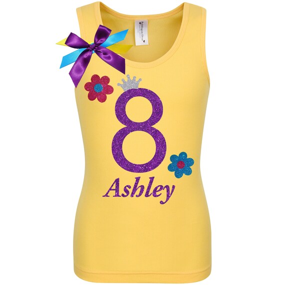 8th Birthday Girl Shirt Yellow Daisy Flower Tank Top Purple 8 Rainbow Tutu Skirt Glitter Flower Hair bow Personalized Name Il_570xn