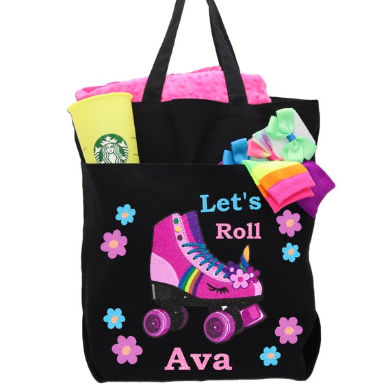 Roller Skates Personalized Pocket Canvas Tote Bag Girls Unicorn Gift Shoulder Bag Teacher Tote Carryall Let's Roll Roller Derby Pinkie Il_570xn