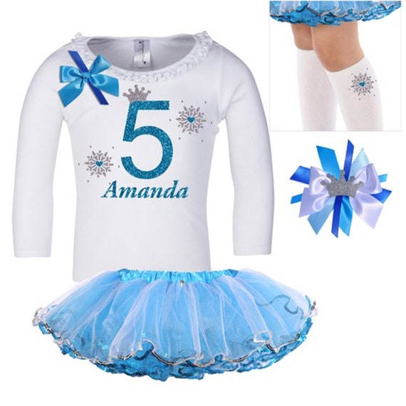 5th Birthday Snowflake Outfit Winter Wonderland Snowflake Tutu Princess Hair bow Blue White Frozen Icicles Glitter Socks Custom Name Shirt 5 Il_570xn