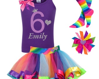 6th Birthday Shirt Girls 6 Birthday Outfit Purple Lavender Rainbow Socks Sparkle Silver Crown Heart Princess Kids Personalized Name Shirt