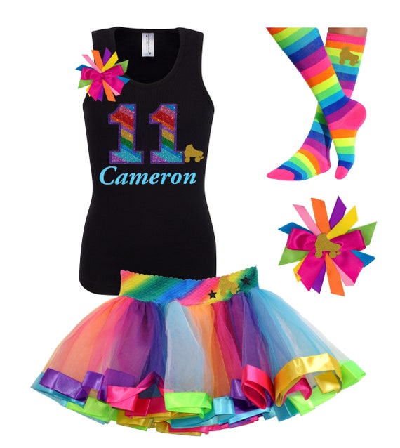 Roller Skate Shirt Girls Skating Party 11th Birthday Outfit Eleven Rainbow Tutu Roller Derby Boot Socks Personalized Gift | Bubblegum Divas Il_570xn